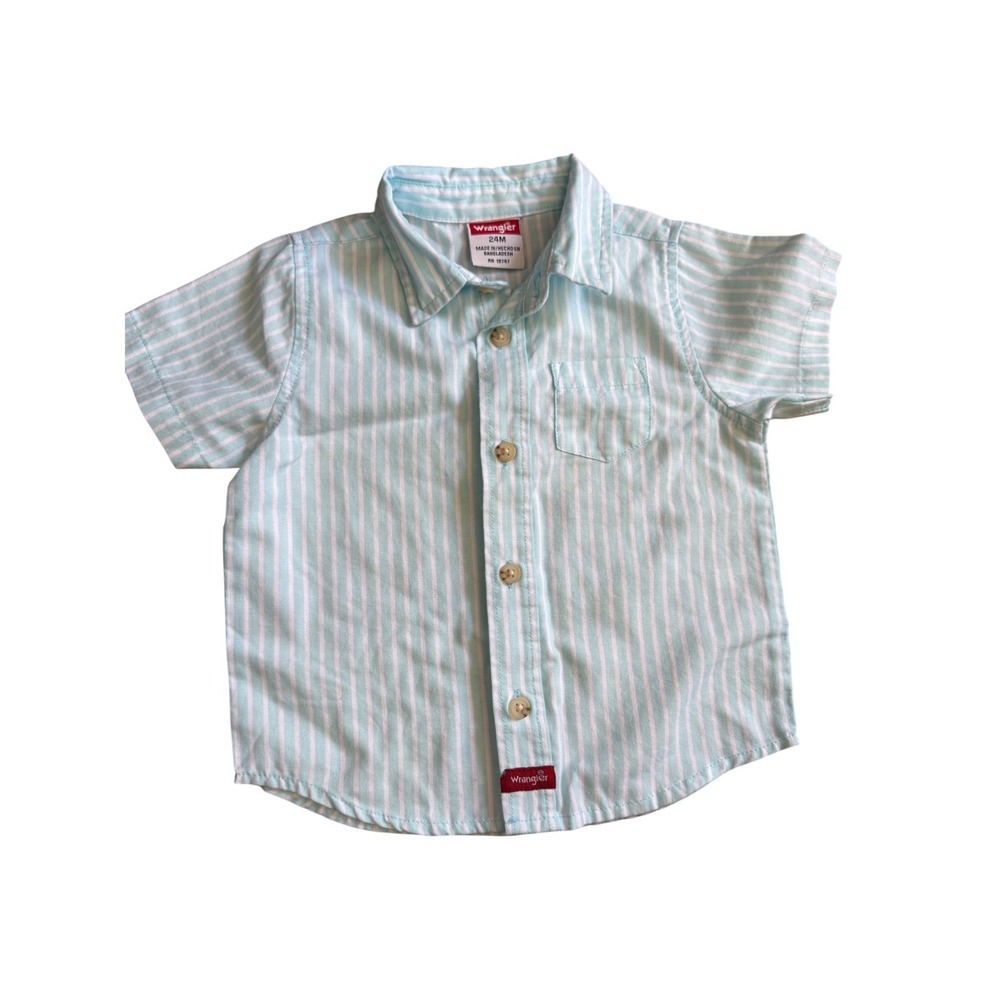 Wrangler youth baby blue and white striped button‎ down youth short sleeve shirt